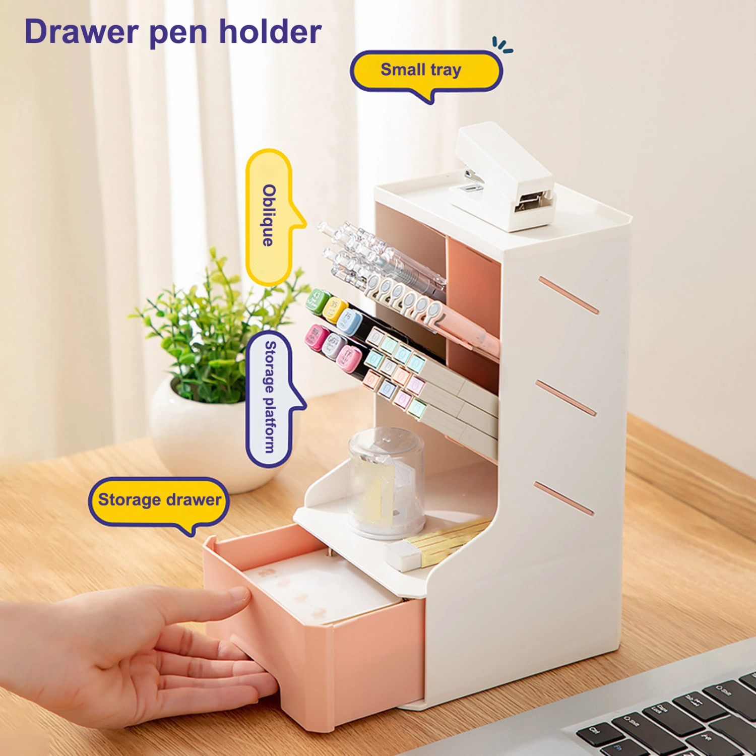 Stationery Drawer Box High Capacity Detachable Oblique Insert Type  with Drawer 4 Grids Pen Holder Cup for Office