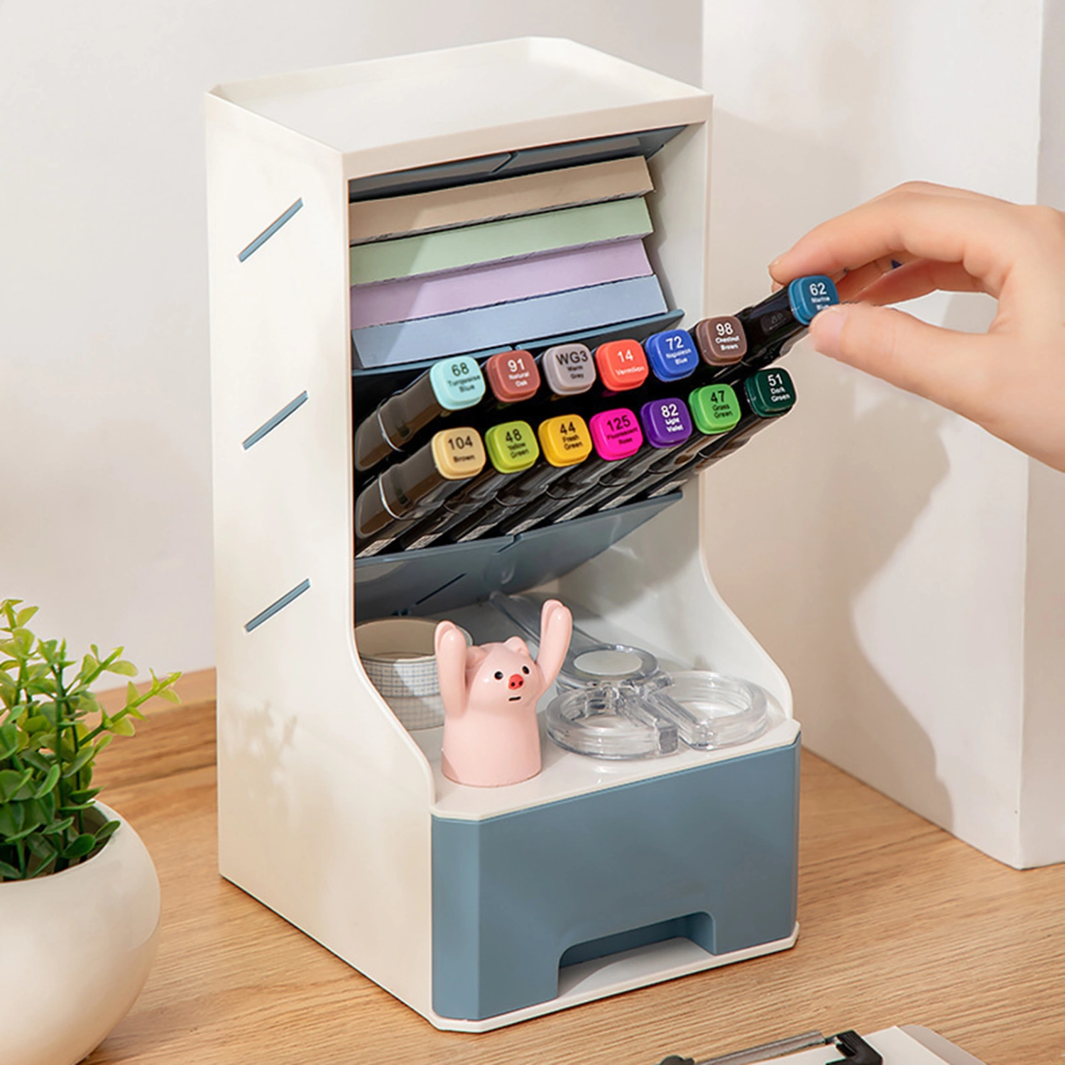 Stationery Drawer Box High Capacity Detachable Oblique Insert Type  with Drawer 4 Grids Pen Holder Cup for Office