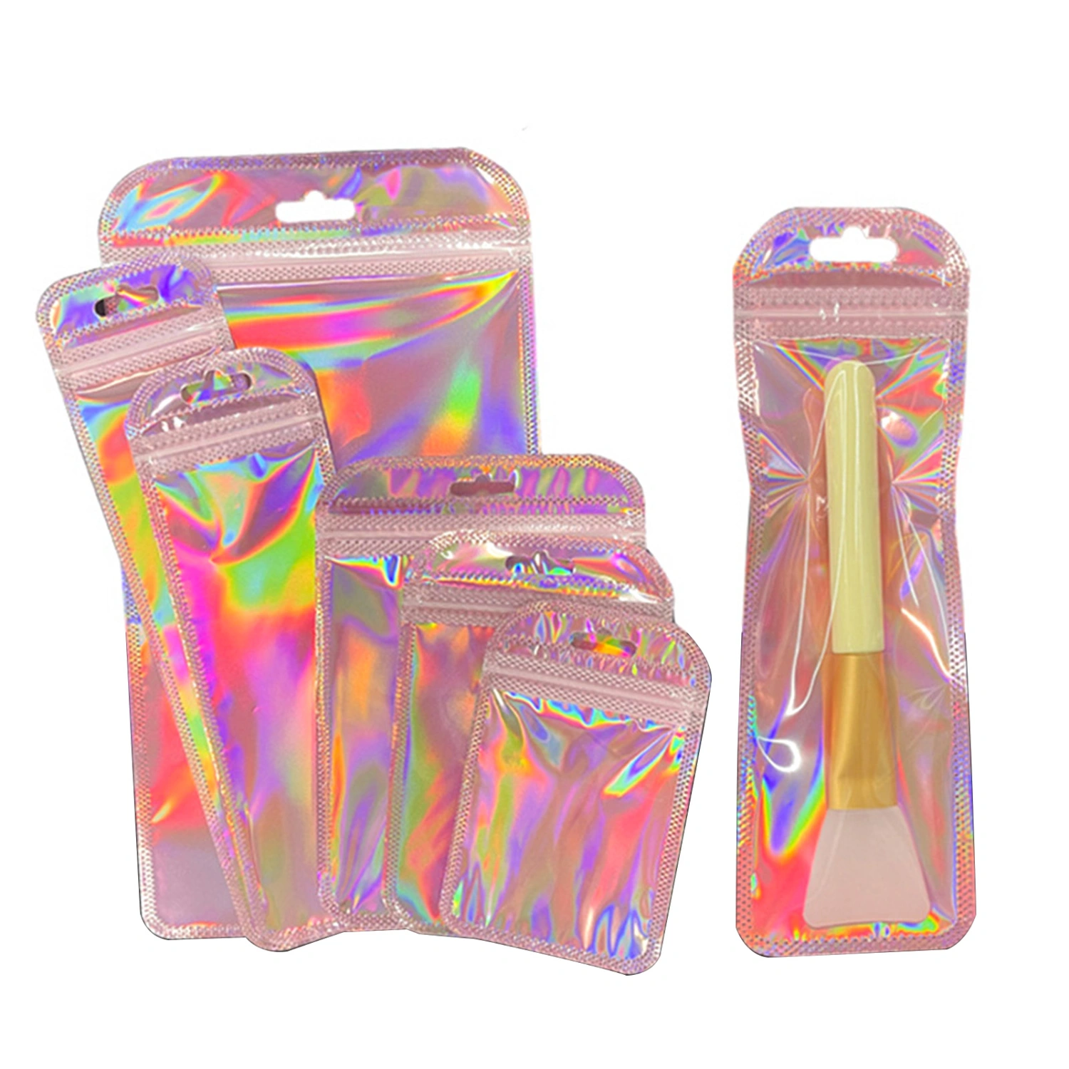 50Pcs Holographic Bag Iridescent Leak-proof Waterproof Good Sealing Space-saving Jewelry Storage Plastic Clear Zippered  Self Sealing Bag for Women