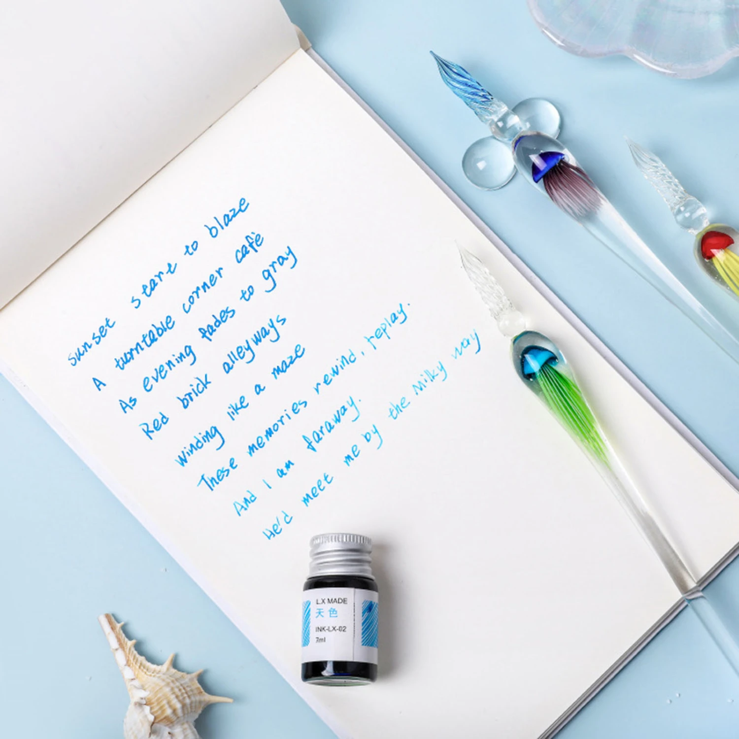 1 Set Dip Pen Beautiful Ergonomic Handle Jellyfish Pattern Drawing Calligraphy Glass Pen Kit for Gifts