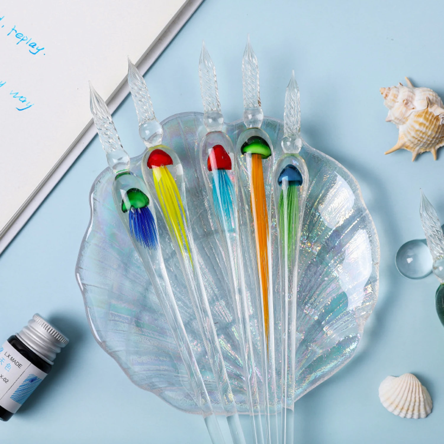 1 Set Dip Pen Beautiful Ergonomic Handle Jellyfish Pattern Drawing Calligraphy Glass Pen Kit for Gifts