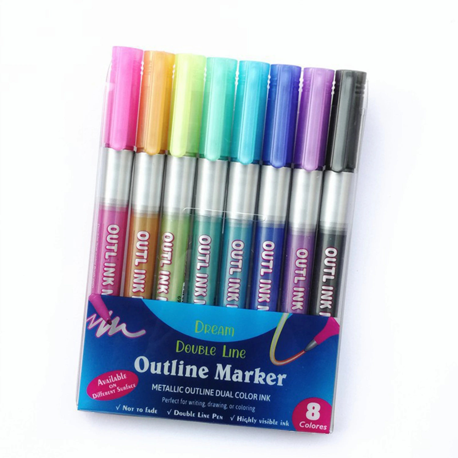 8 Pcs Highlighters Comfortable Grip Smooth Ink Output Non-slip Double Lines Mark Painting Graffiti Pen Eye Care Art Outline Pens for School