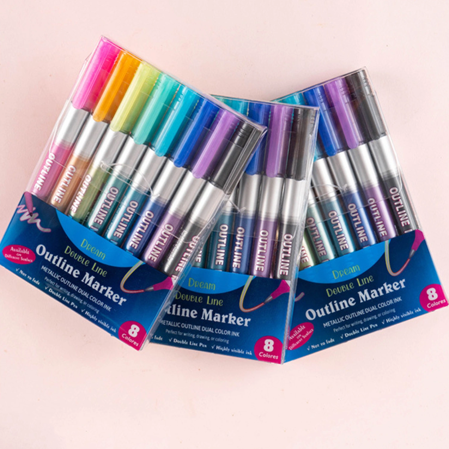 8 Pcs Highlighters Comfortable Grip Smooth Ink Output Non-slip Double Lines Mark Painting Graffiti Pen Eye Care Art Outline Pens for School