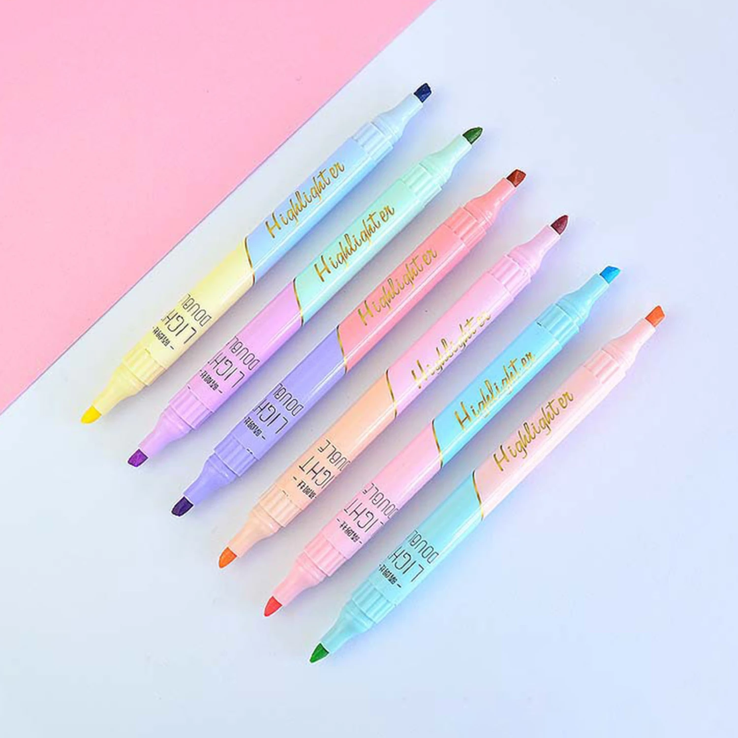 6Pcs Highlighters Bright Color Smooth Writing Oblique Head Double Tip Dual Color Writing Marker Pen for School
