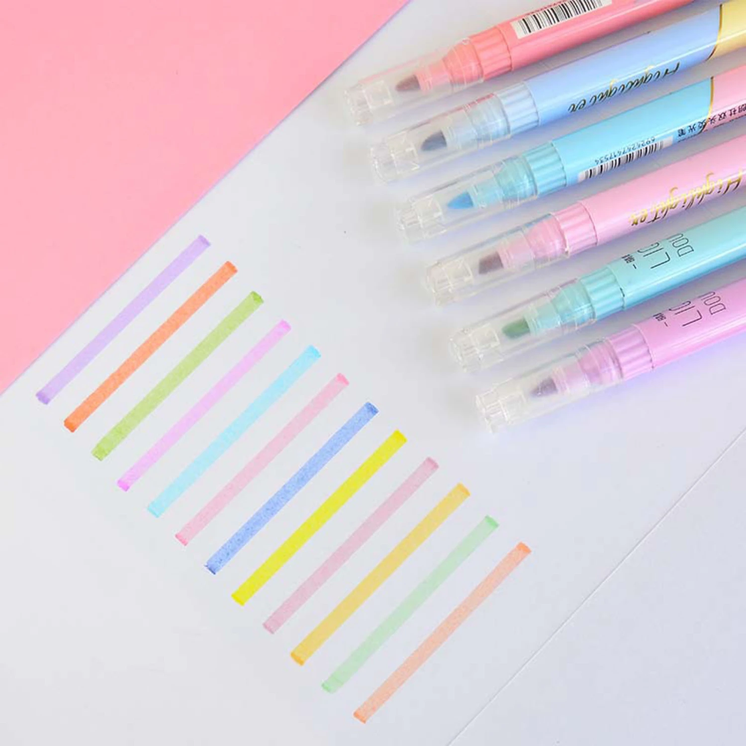 6Pcs Highlighters Bright Color Smooth Writing Oblique Head Double Tip Dual Color Writing Marker Pen for School