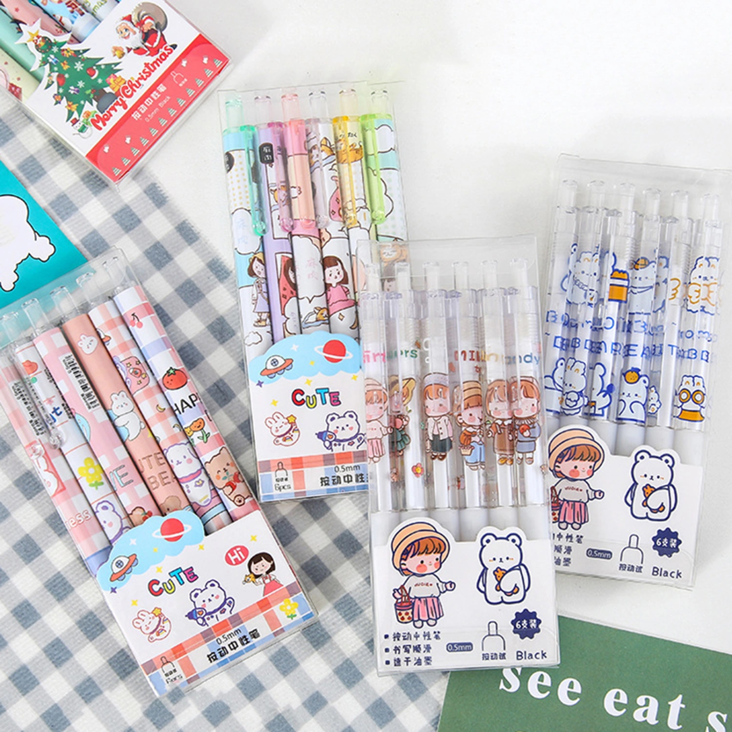 6Pcs Gel Pens Quick Drying Non-slip Smooth Writing 0.5mm Nib Cartoon Push Type Plastic Writing Pens for Student