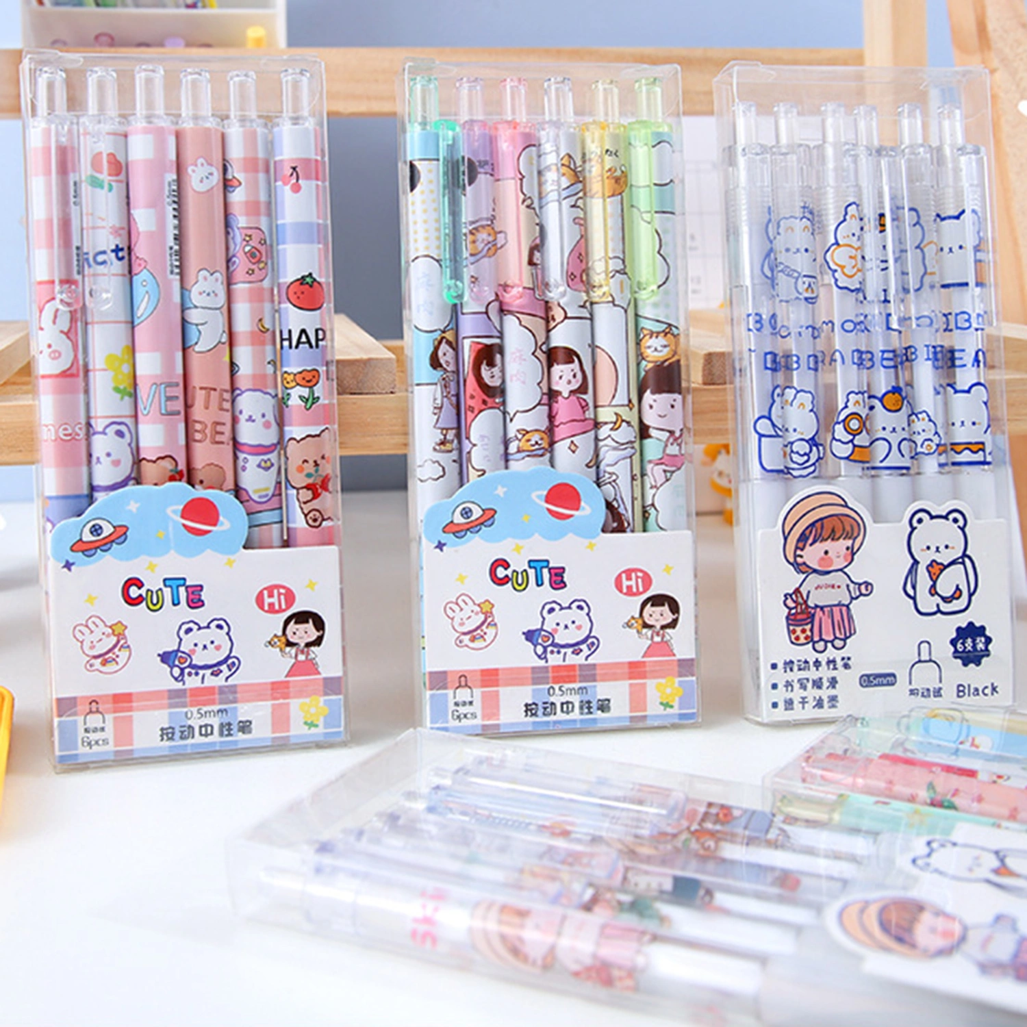 6Pcs Gel Pens Quick Drying Non-slip Smooth Writing 0.5mm Nib Cartoon Push Type Plastic Writing Pens for Student
