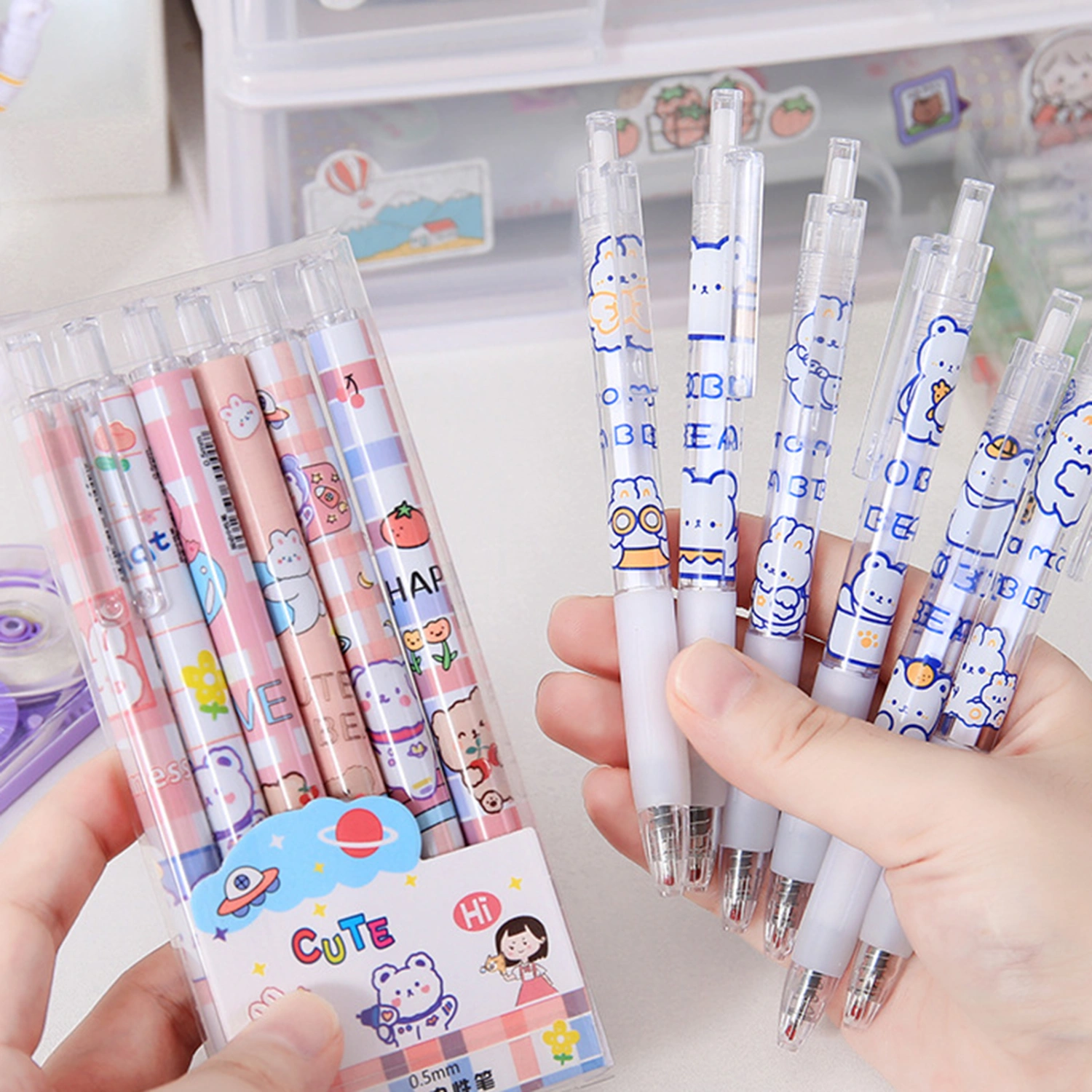 6Pcs Gel Pens Quick Drying Non-slip Smooth Writing 0.5mm Nib Cartoon Push Type Plastic Writing Pens for Student