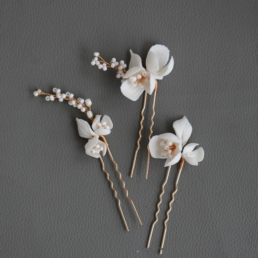 Handmade Ceramic Flower Beaded Hair Fork