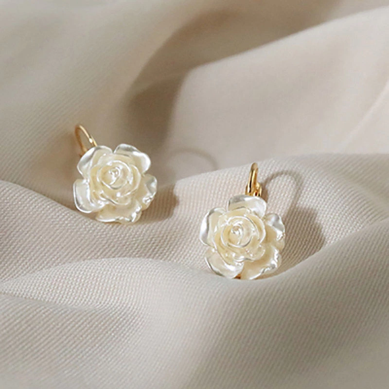 French Pearl Camellia Earrings Women's White Flowers