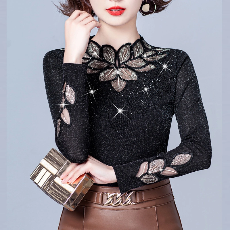Lace Bottoming Shirt Mesh Rhinestone Long Sleeve Silver Fox Velvet Leaf-shaped Flowers Small Shirt
