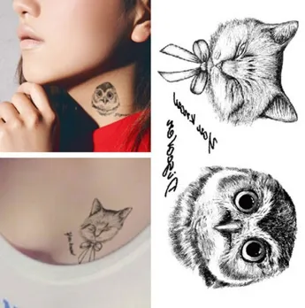 Hot New Cartoon Animal 3D Owl Cat Tattoo Stickers Waterproof Hand Cat Temporary Tattoos 10.5 * 6cm