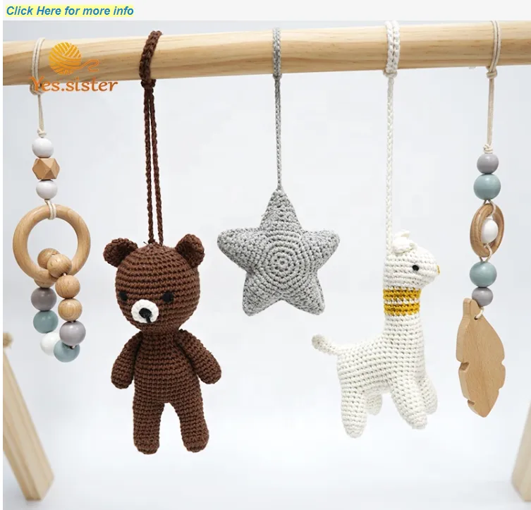 Handmade Natural Crochet Bear Teething Toys For Play Wood Baby Gym