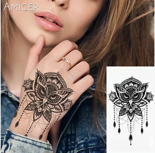 Sexy Lace Owl Hot Black White Large Flower tattoo Henna Temporary Tattoo Black Mehndi Style Waterproof Tattoo Sticker