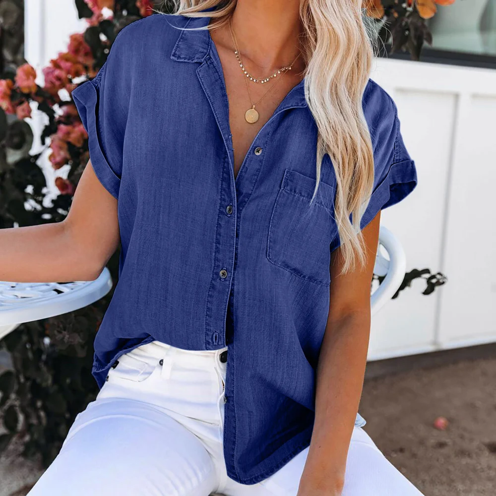 Women's Solid Color Polo Collar Washed Denim Casual Shirt