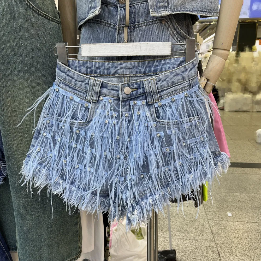 Heavy Industry Rhinestone Ostrich Feather Tassel Denim Shorts