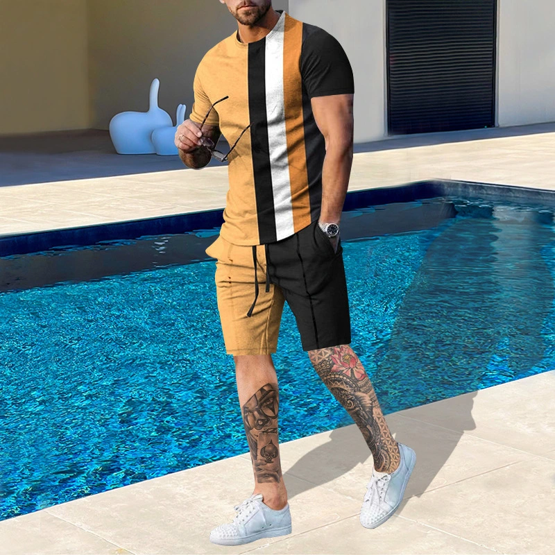 Men's Fashionable Colorful Striped Digital Printed Round Neck Short-sleeved Shorts Suit