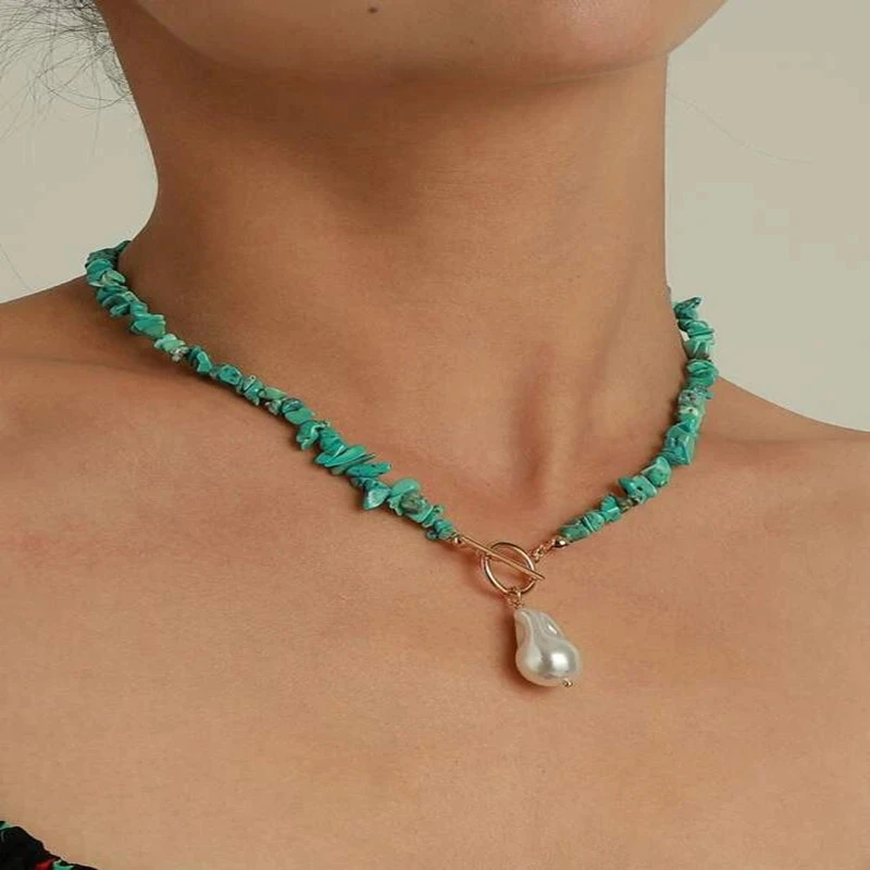 Simple Baroque Pearl Turquoise Gravel Necklace