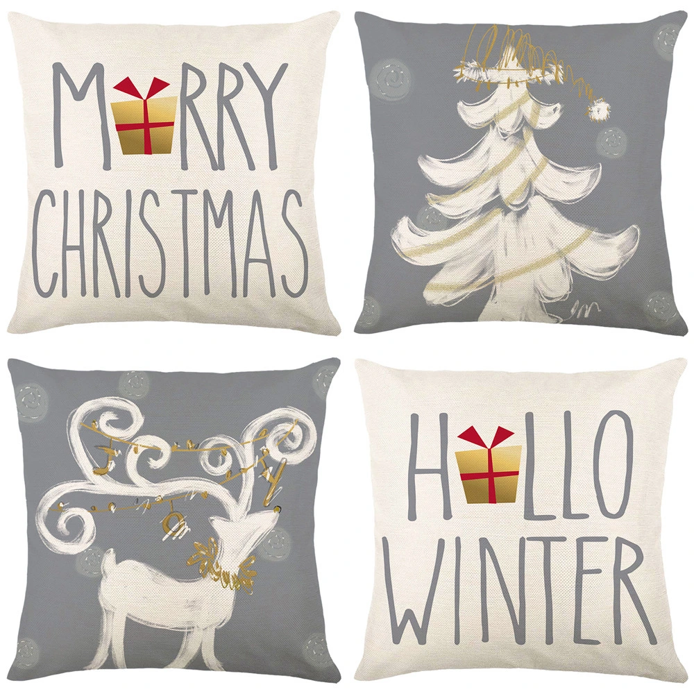 Christmas Cover Simple Letters Hand Painted Elk Christmas Tree Printed Linen Pillow Holiday Decoration