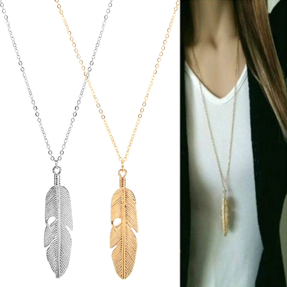 Simple Feather Necklace Leaves Long Sweater Chain