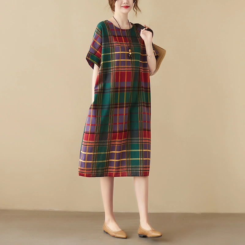 Women's Cotton Linen Loose Knee Vintage Dress