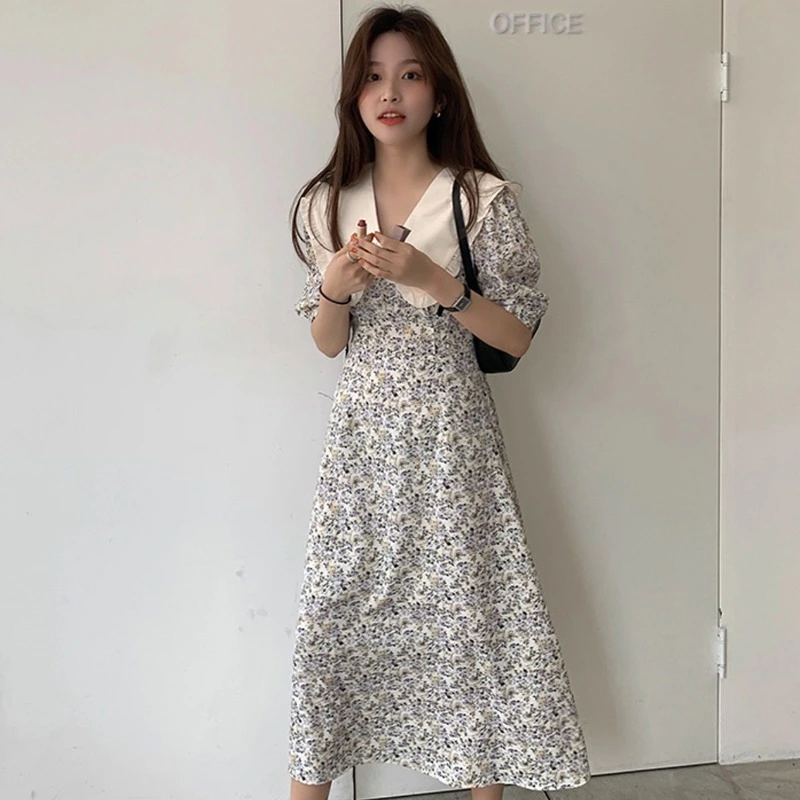 French Style Platycodon Grandiflorum Doll Collar Floral Dress For Women