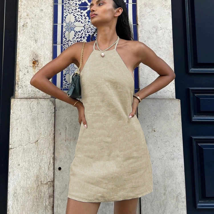 New Cotton And Linen Hot Girl Halter Lace-up A- Line Skirt