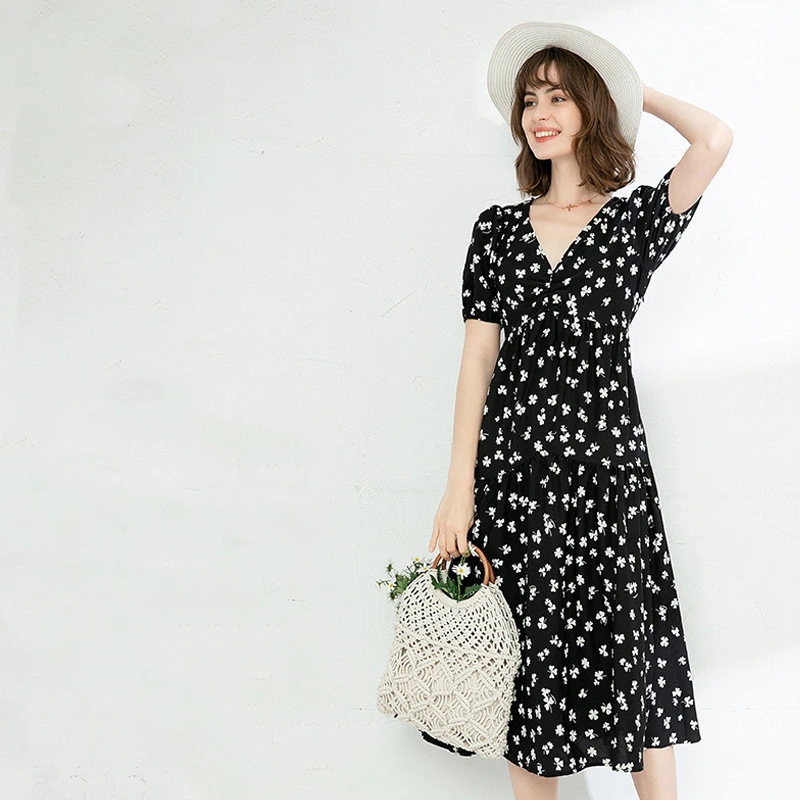 Women's Vintage Floral Dress White Floral V-neck