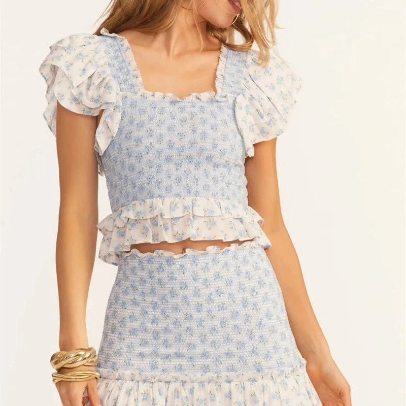 Ruffled Floral Shirt Elastic Short