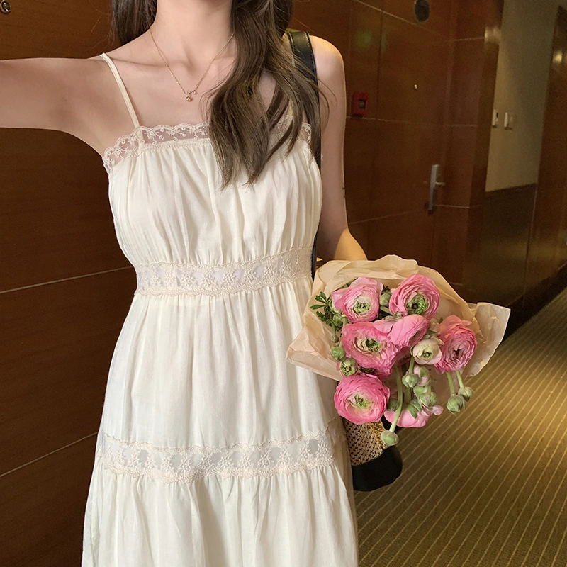 Women's Vintage High Waist Tiered Lace Splicing Camisole Dress