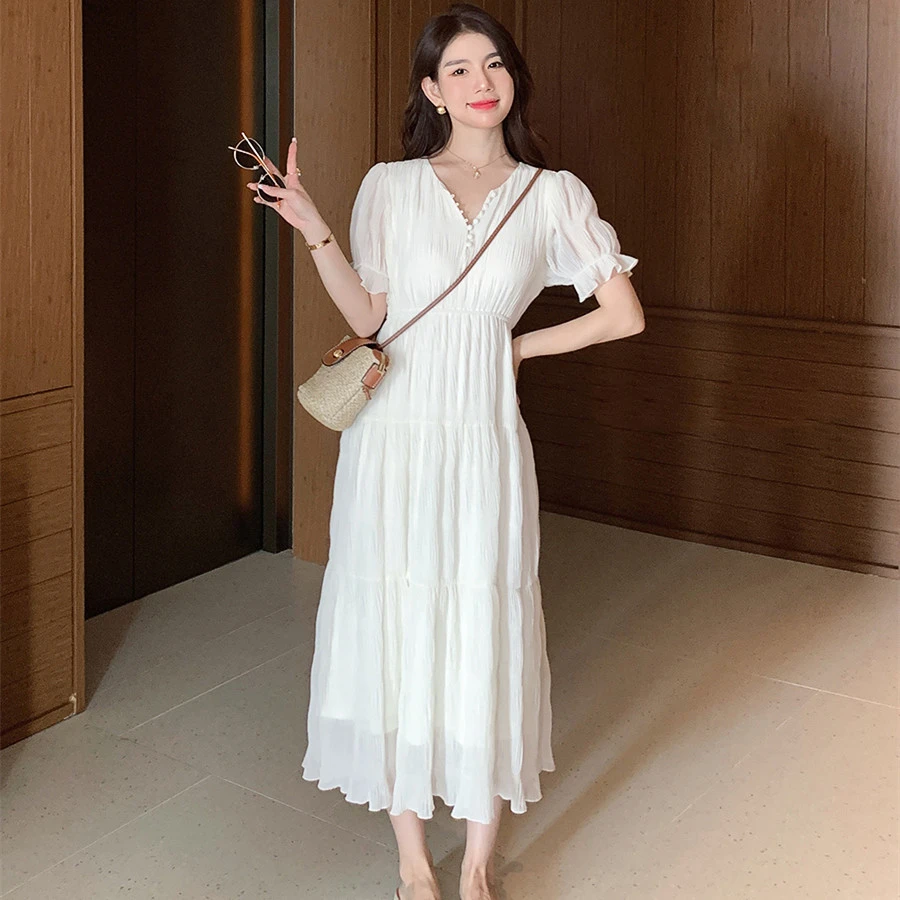 Women's Temperament French Style High Waist V-neck Dress