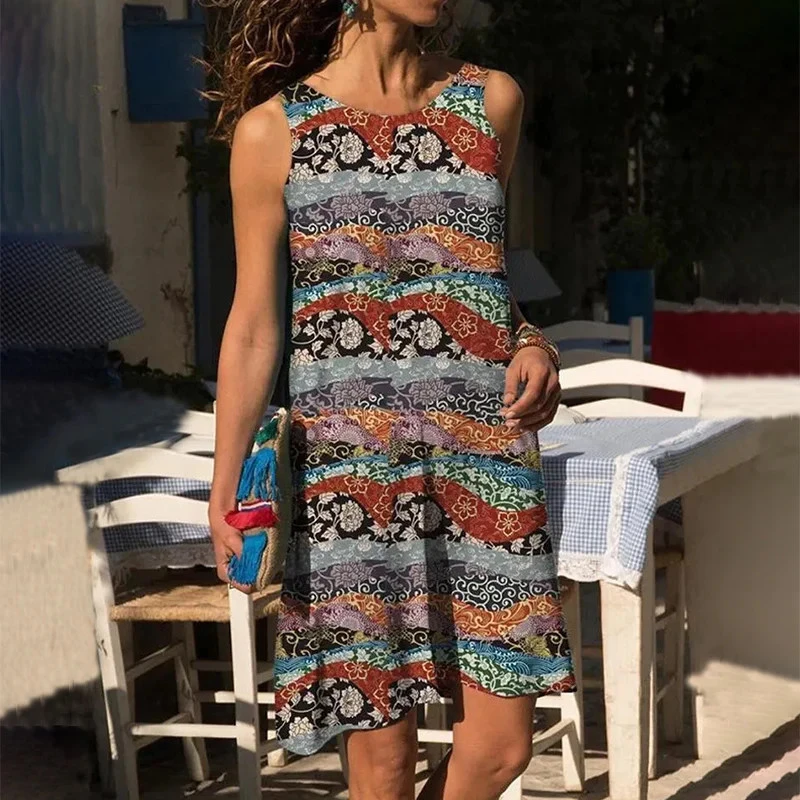 European And American Summer Fashion Casual Geometric Pattern Ran Print Loose Vest Dress