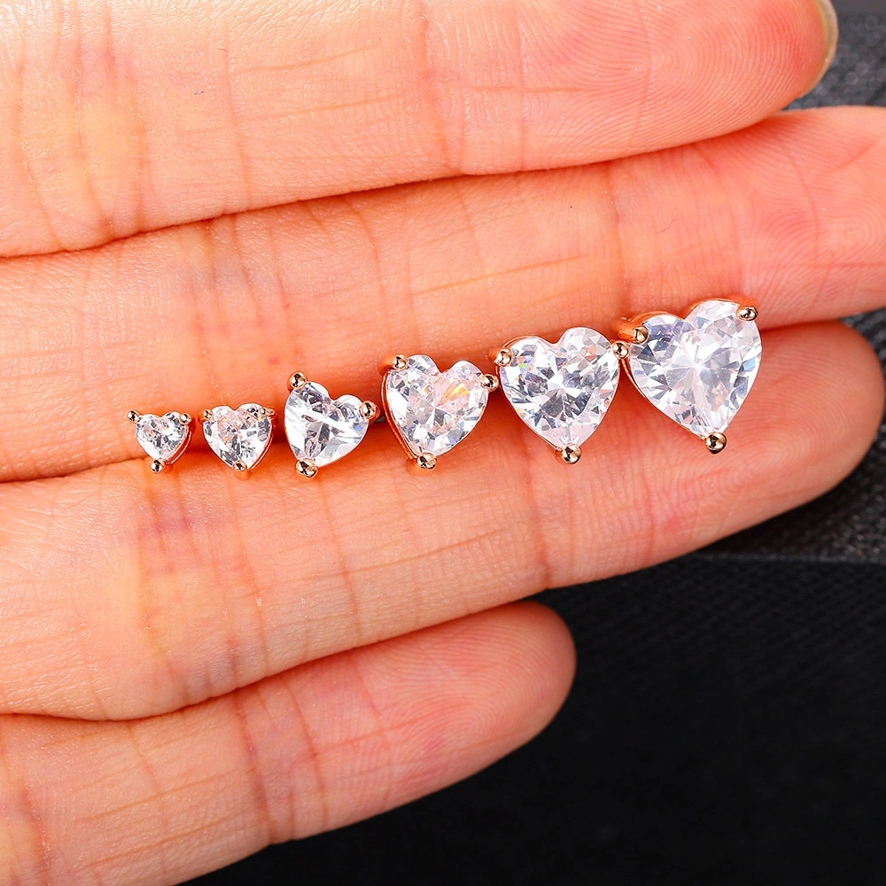 Classic Simple Romantic Three-claw Loving Heart Zircon Stud Earrings