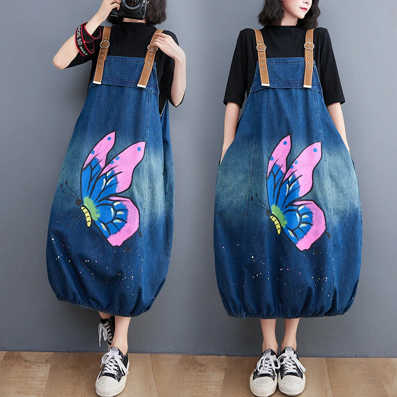 Fashion Butterfly Printed Denim Strap Skirt