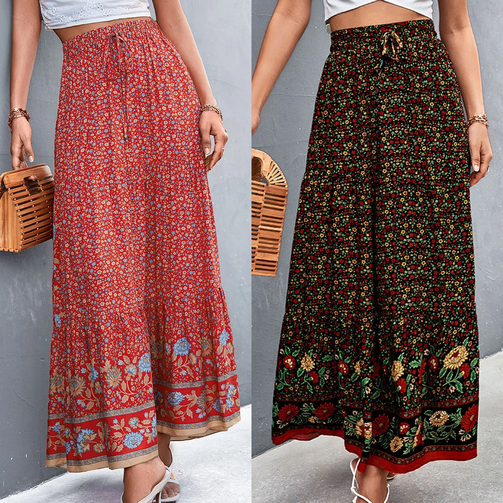 European And American Spring And Summer High Waist Floral Long Skirt