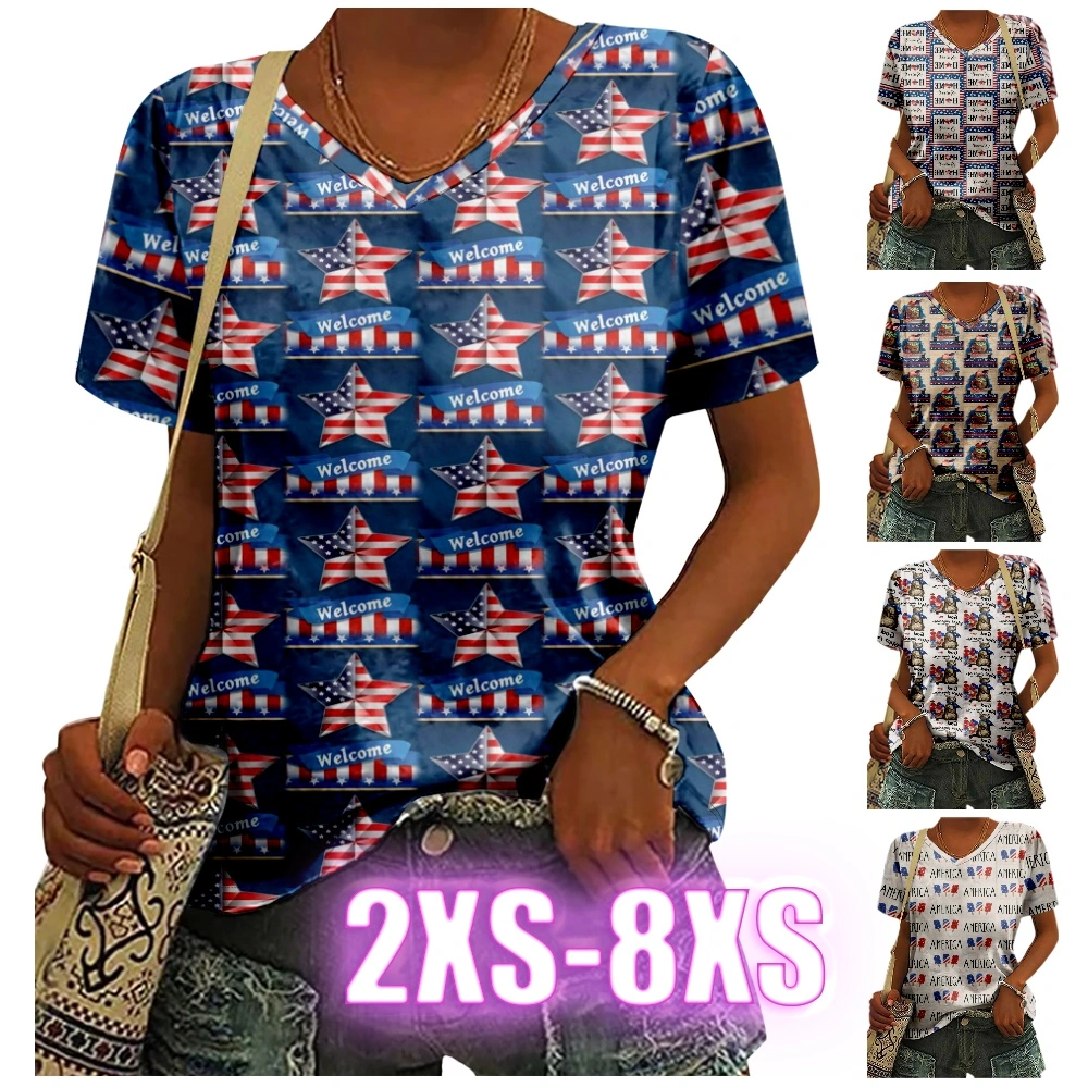 4th of July Women's T Shirt Outfits USA National Flag Color Block V Neck Clothing Apparel 3D Print Plus Size Outdoor Daily Short Sleeve Casual Comfortable