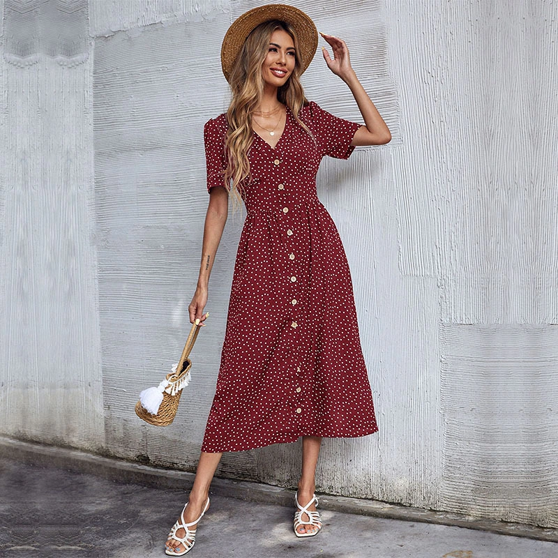 Polka Dot V Neck Short Sleeved Commuting Dress