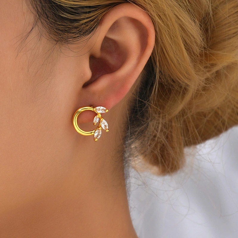 Rhinestone Zircon Leaf Brass Gold Plated Stud Earrings