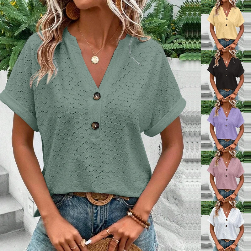 Women's Fashion Casual Solid Color Buttons V-neck T-shirt Women