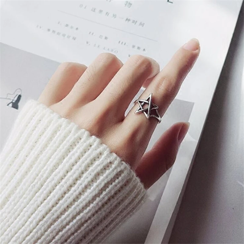 Retro Hollow Five-pointed Star Copper Plating Silver Ring