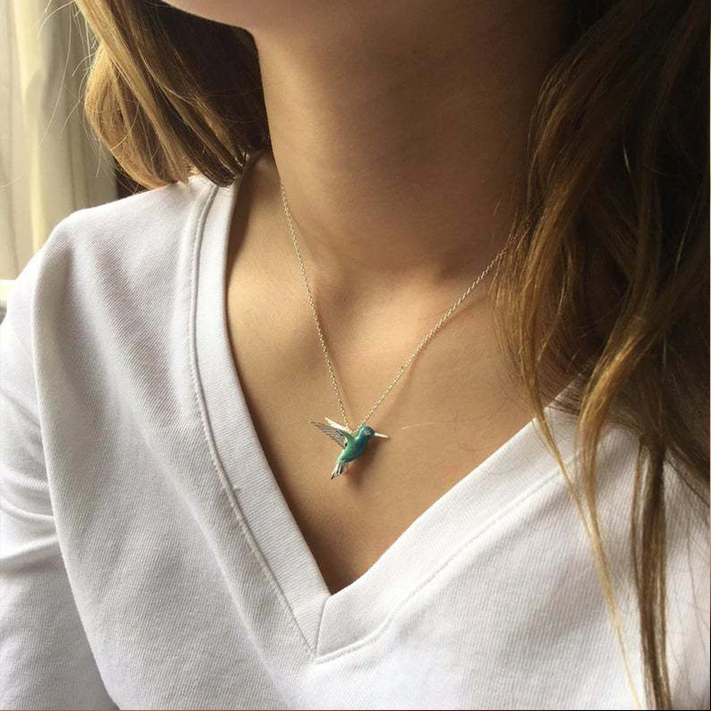 Blue Drop Oil Hummingbird Pendant Necklace For Women