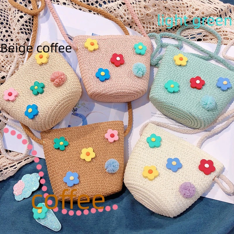 Handmade Straw Woven Small Flower Crossbody Bag Cute Coin Purse