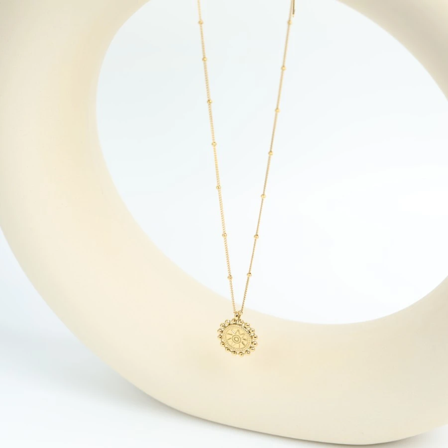 Sun Round Three-dimensional Relief Nine Eight-pointed Stars Stainless Steel Necklace