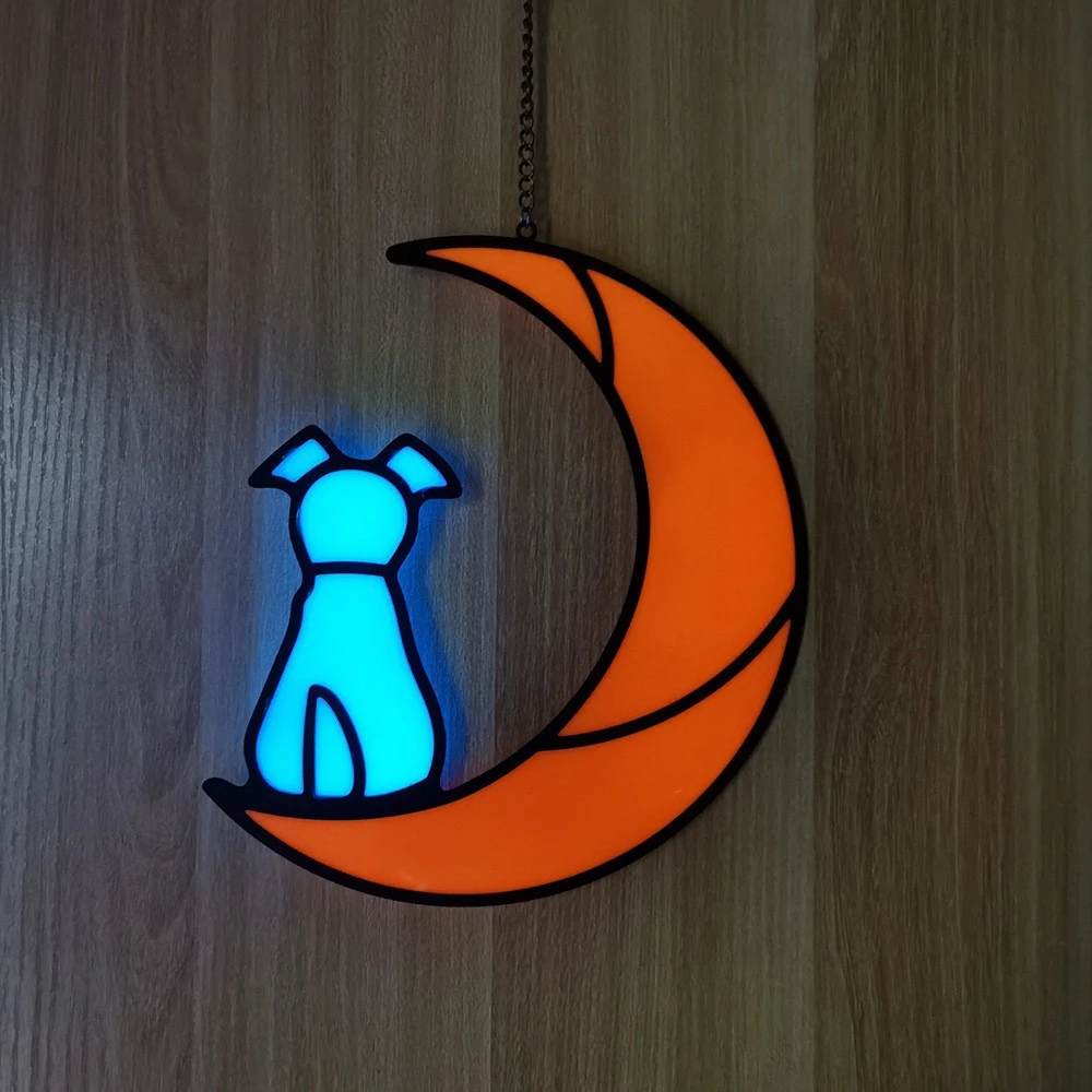 Creative Iron Moon Cat And Dog Glass Luminous Pendant