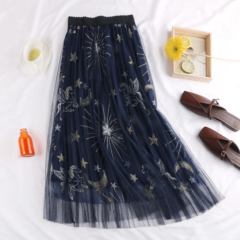 High Waist Mesh Embroidered Skirt