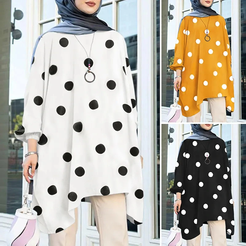 Polka Dot Fabric Women's Cuff Elastic Band Round Neck Pullover