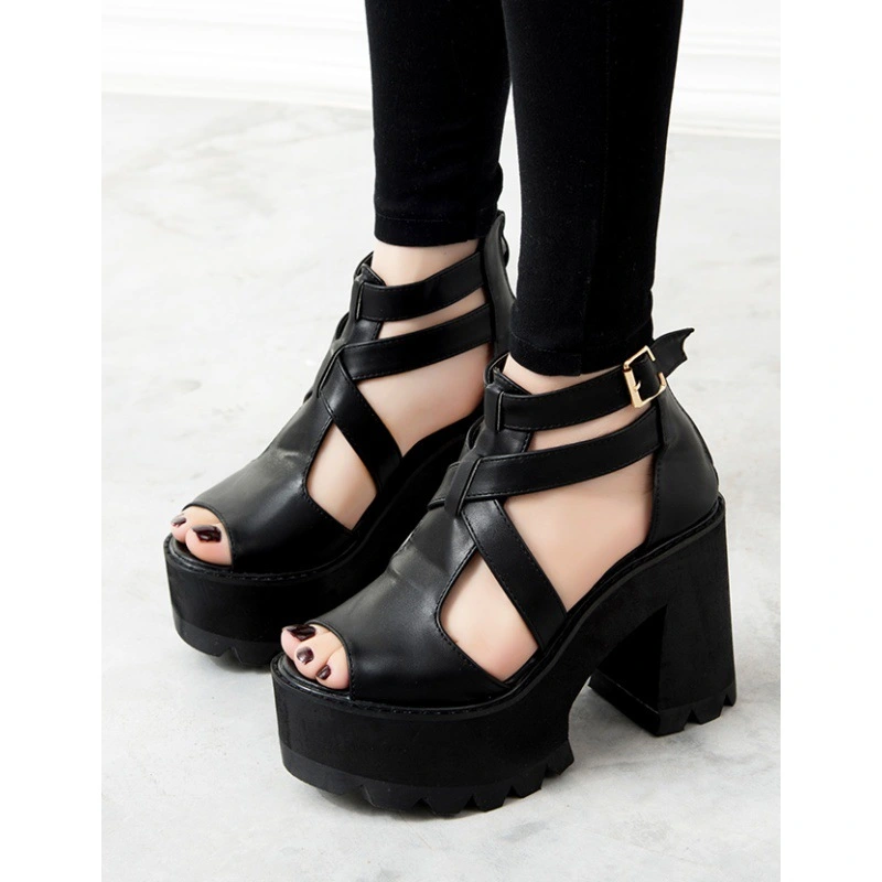 Hollow-out Chunky Heel Sandals With Buckle Hollow High Heel Women's Shoes