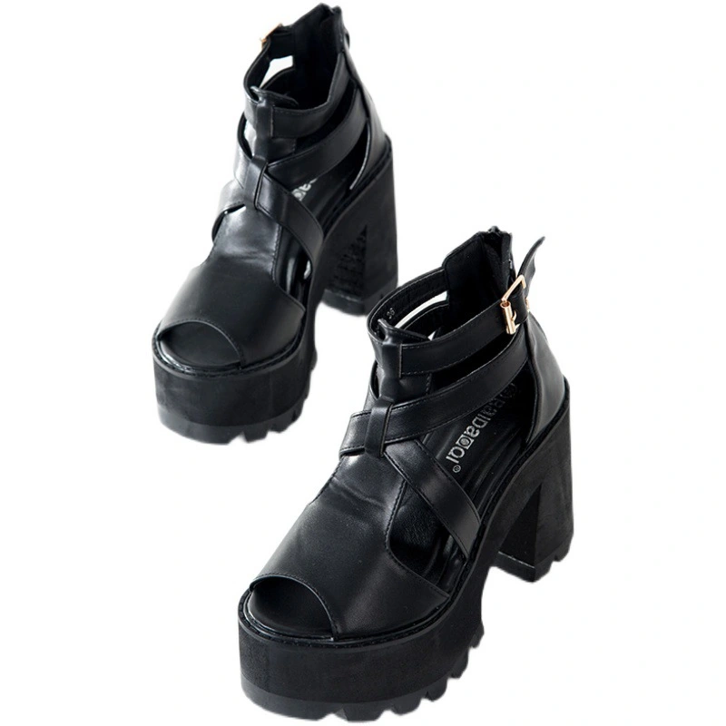 Hollow-out Chunky Heel Sandals With Buckle Hollow High Heel Women's Shoes