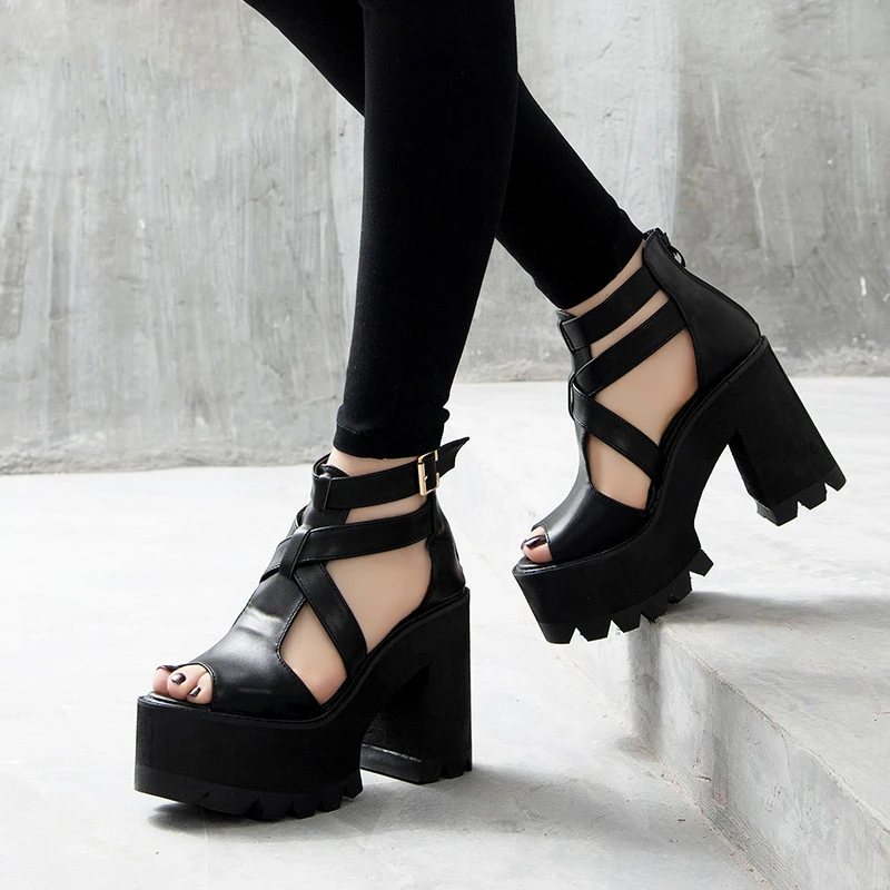 Hollow-out Chunky Heel Sandals With Buckle Hollow High Heel Women's Shoes