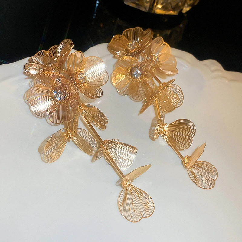 Silver Needle Fashion Diamond Flower Long Fringe Earrings